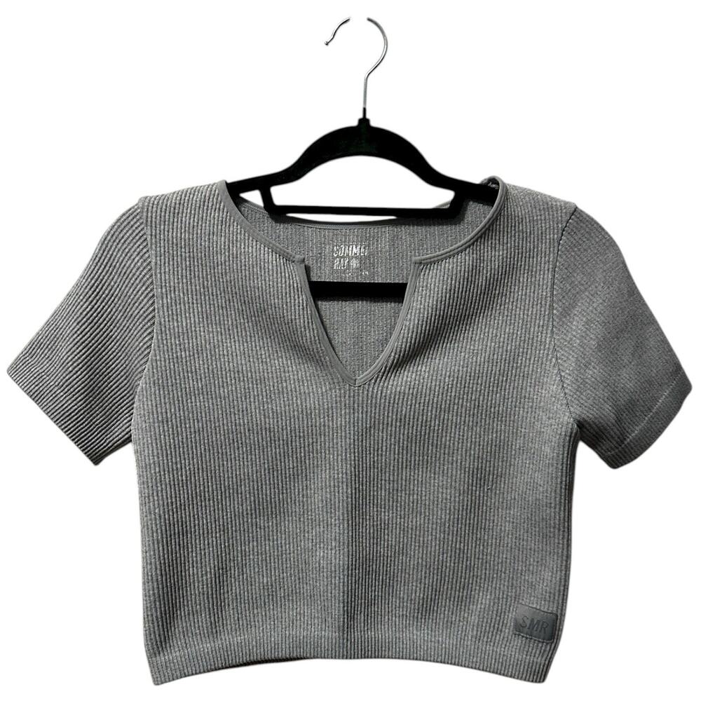 Sommer Ray Gray Ribbed Split Neck Short Sleeve Crop Top Women's S Casual Neutral